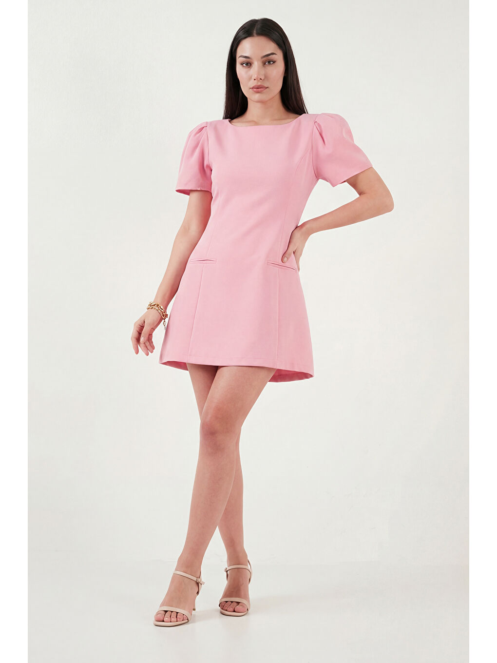 Pembe Kayık Yaka Balon Kol Mini Davet Elbise 6525735-2