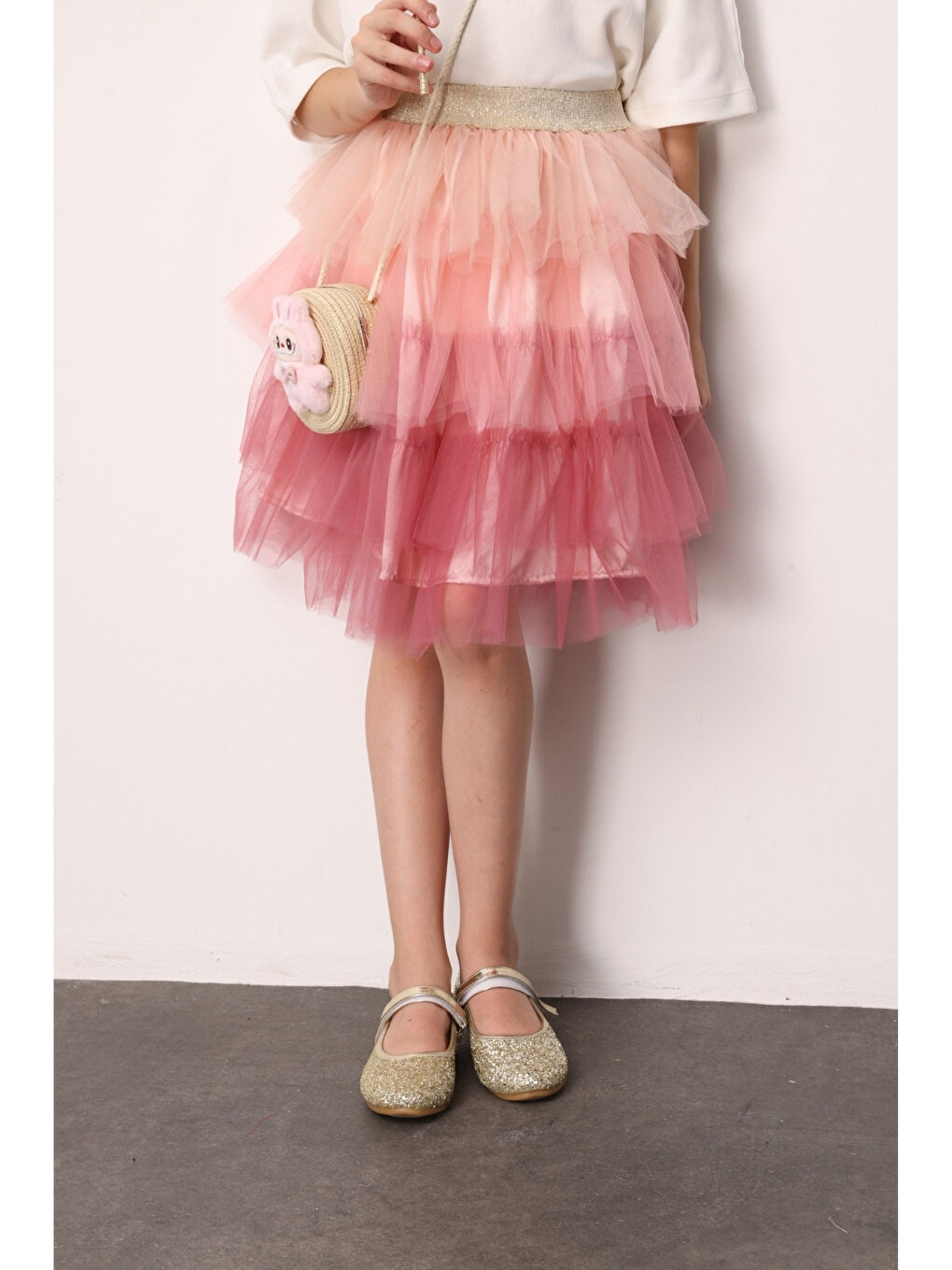 Pembe Pudra Katlı Tüllü Kız Çocuk Etek - Almira-1