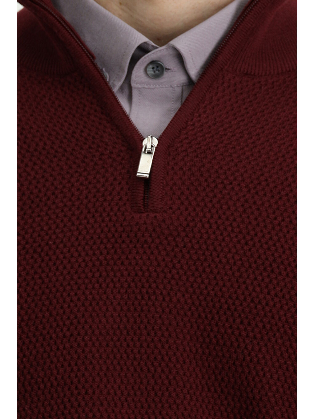 Bordo Yarım Balıkçı Yaka Regular Fit Desenli Fermuarlı Yünlü Triko Kazak-5