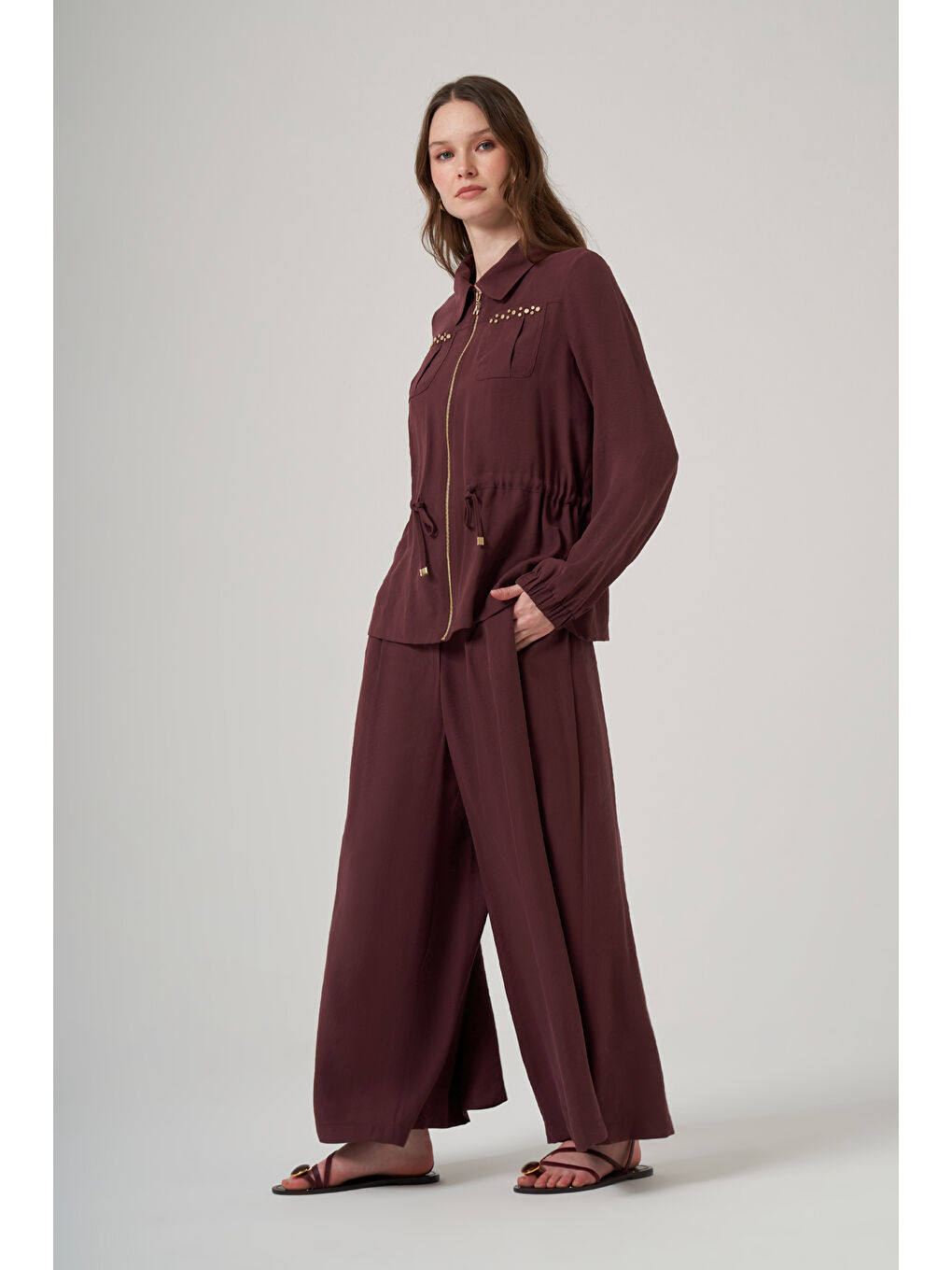 Zımba Detay Ceket Pantolon Etekli Takım 1049 Bordo-4