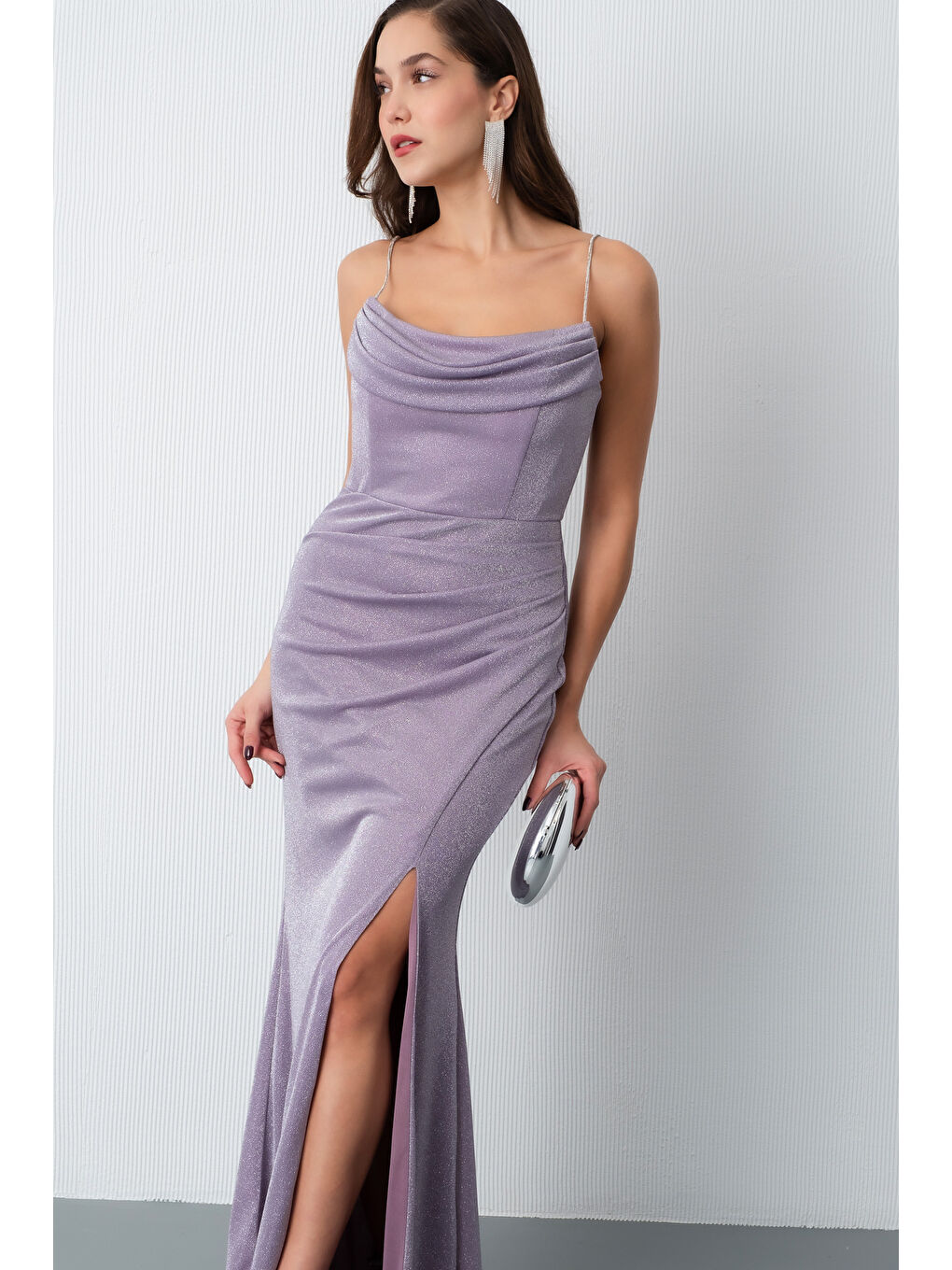 Lila Kadın Lavanta Askılı Simli Örme Abiye Elbise-2