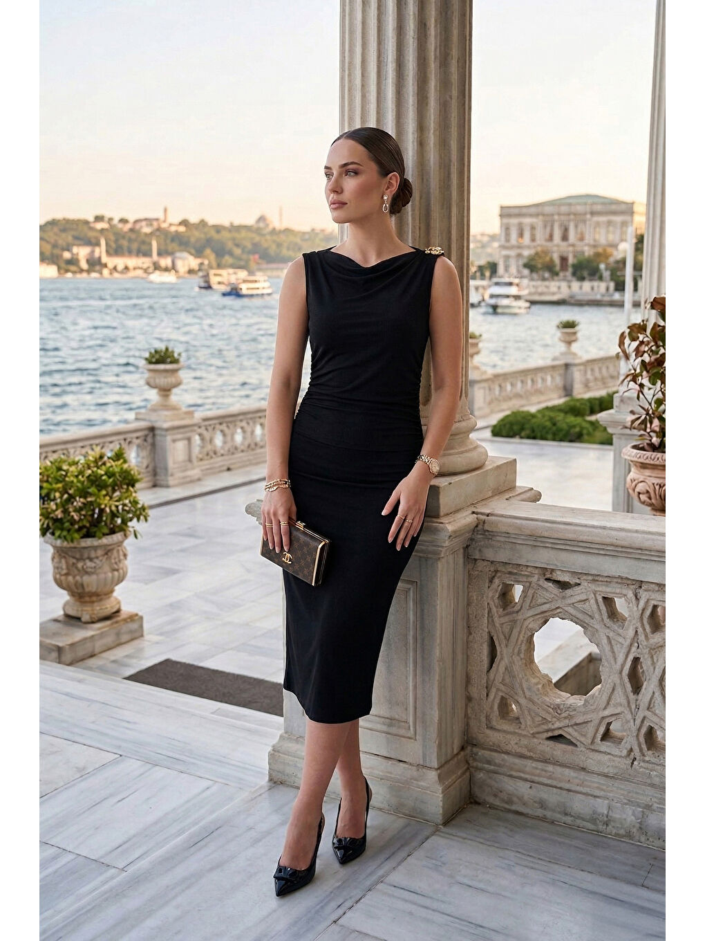 Siyah Midi Boy Degaje Yaka Vücuda Oturan Elbise 6525741