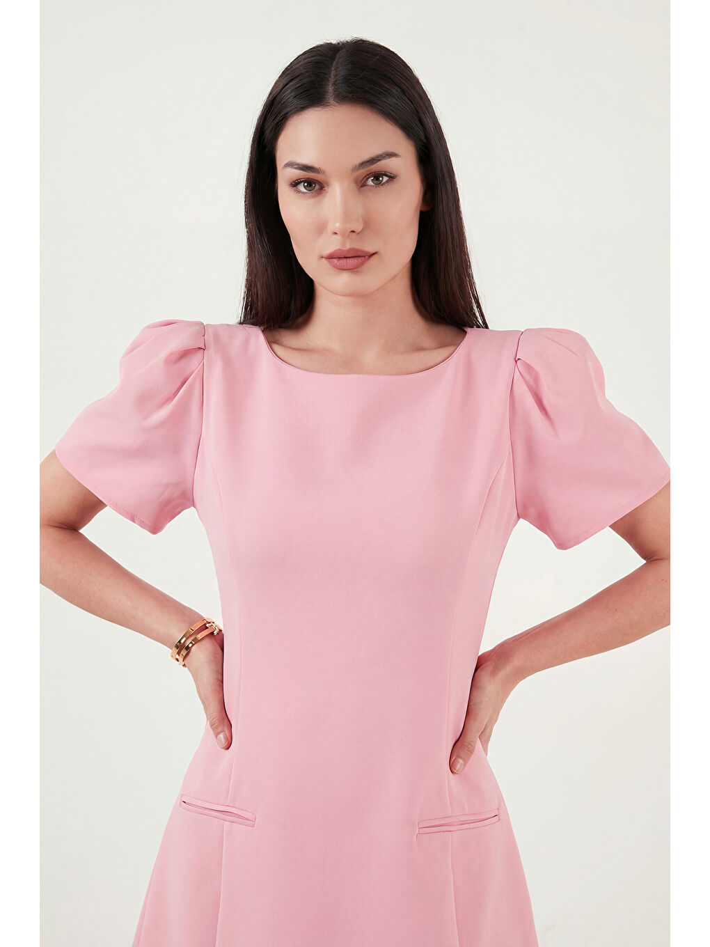 Pembe Kayık Yaka Balon Kol Mini Davet Elbise 6525735-4