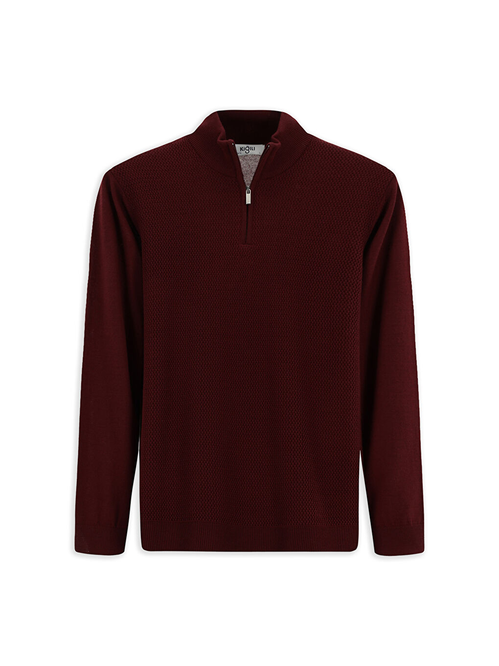 Bordo Yarım Balıkçı Yaka Regular Fit Desenli Fermuarlı Yünlü Triko Kazak-6