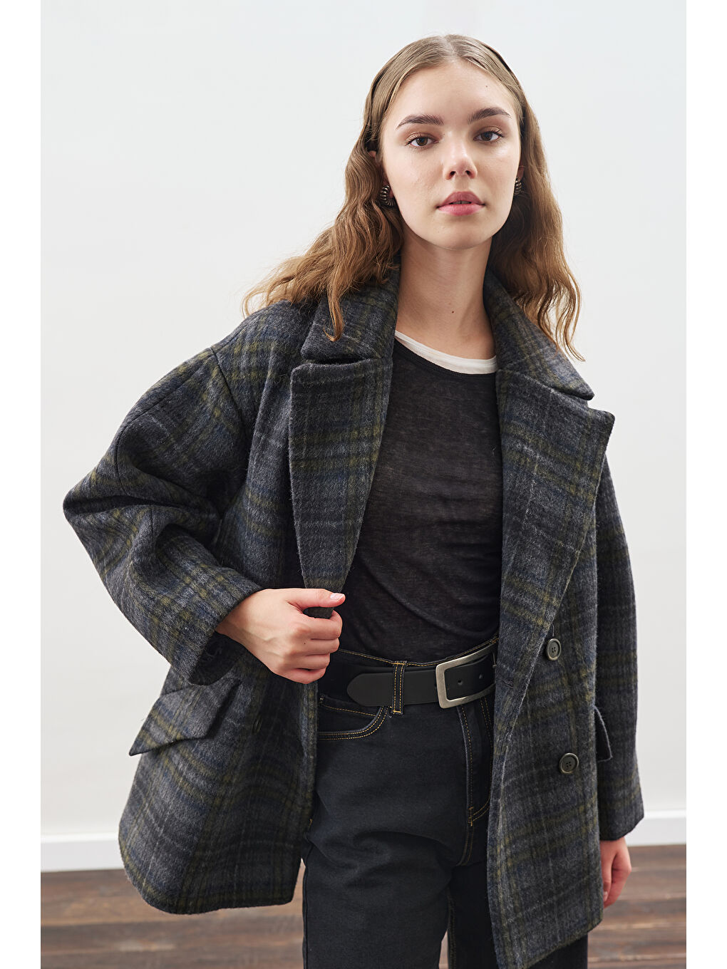 Ekose Desenli Kaşe Yünlü Kaban Antrasit-5