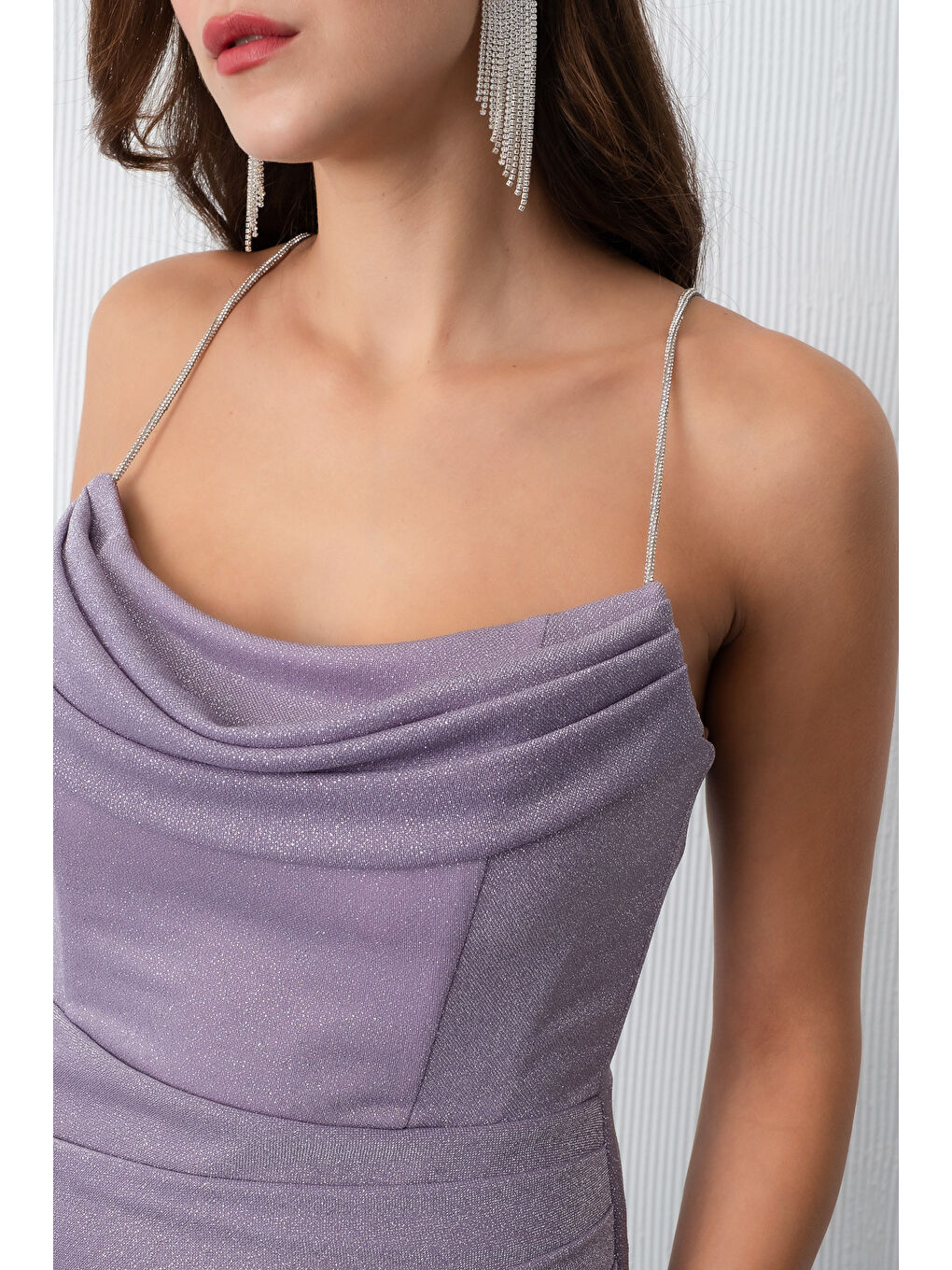 Lila Kadın Lavanta Askılı Simli Örme Abiye Elbise-3