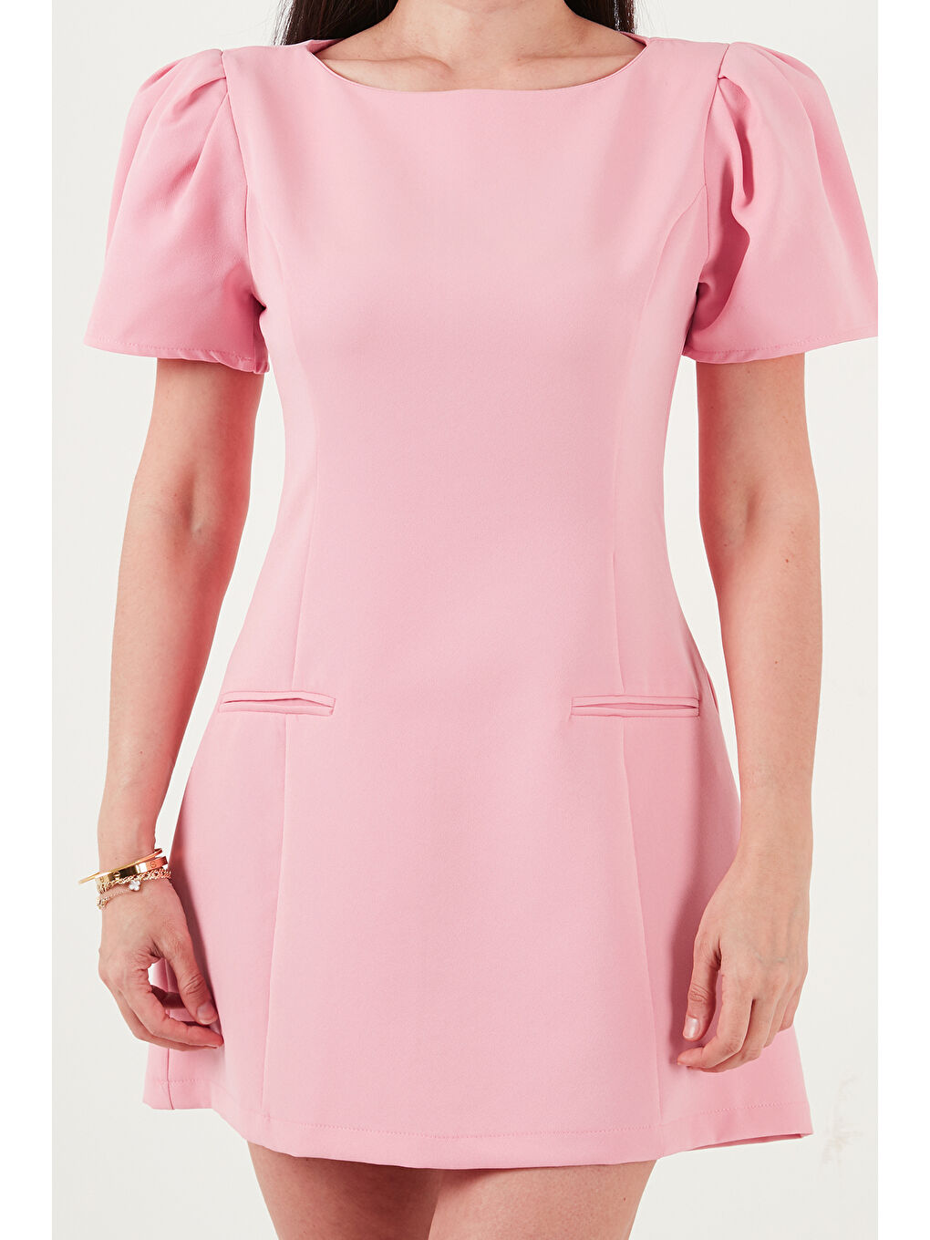 Pembe Kayık Yaka Balon Kol Mini Davet Elbise 6525735-5