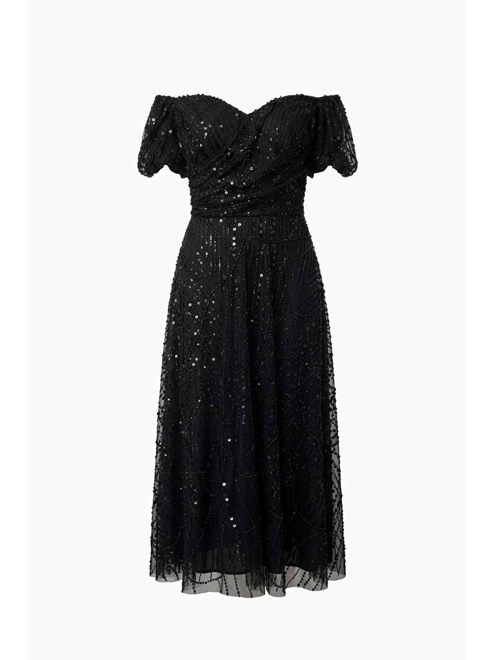 Kadın Siyah Dar Kalıp Kayık Yaka Boncuklu Midi Kloş Abiye Elbise-6