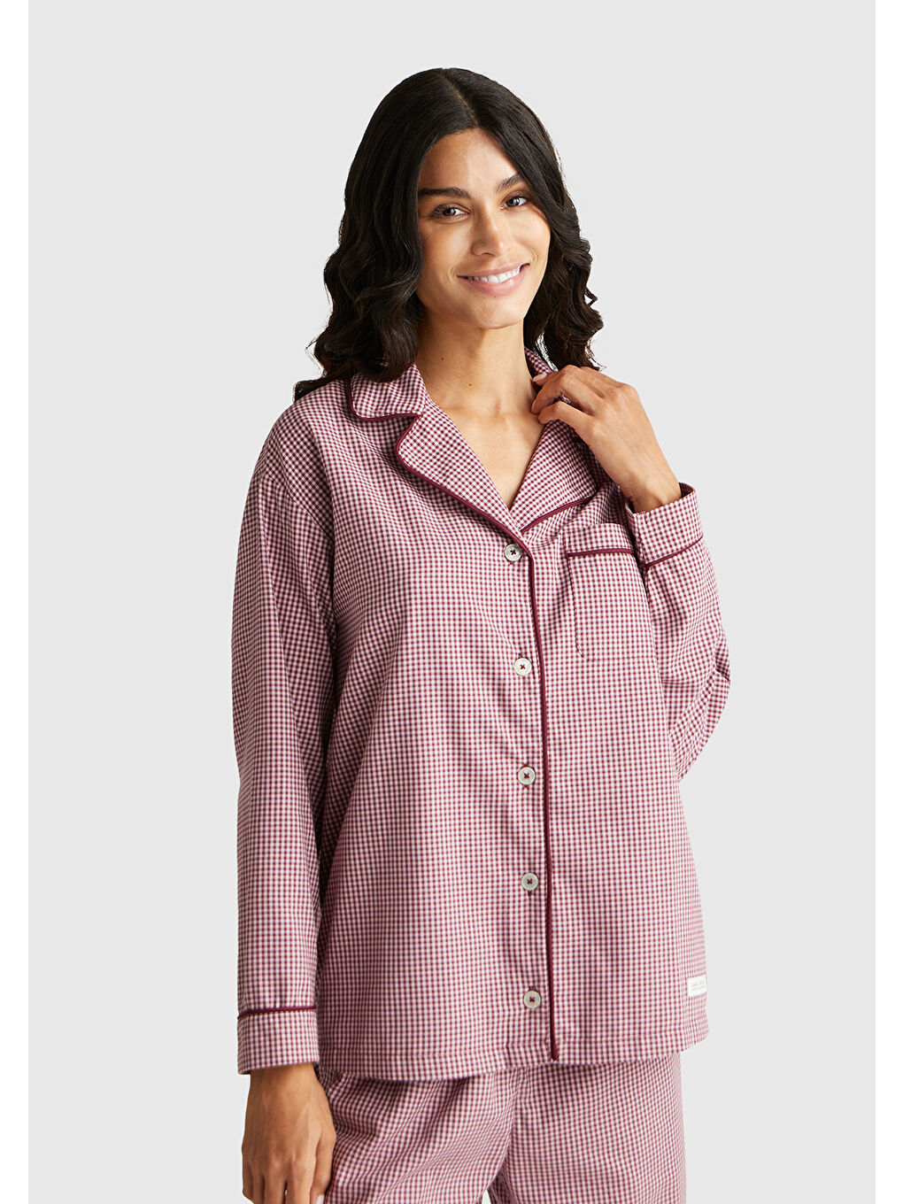 Kadın Mor %100 Pamuk Kare Desenli Logolu Gömlek Yaka Pijama Üstü