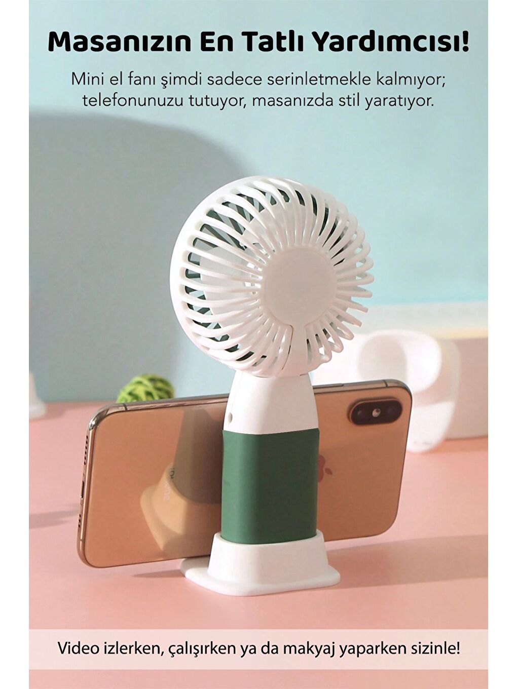2'li Figürlü Şarjlı El Fanı - Telefon Standlı Taşınabilir Soğutucu Mini Masa Fanı Yeşil Sarı-1