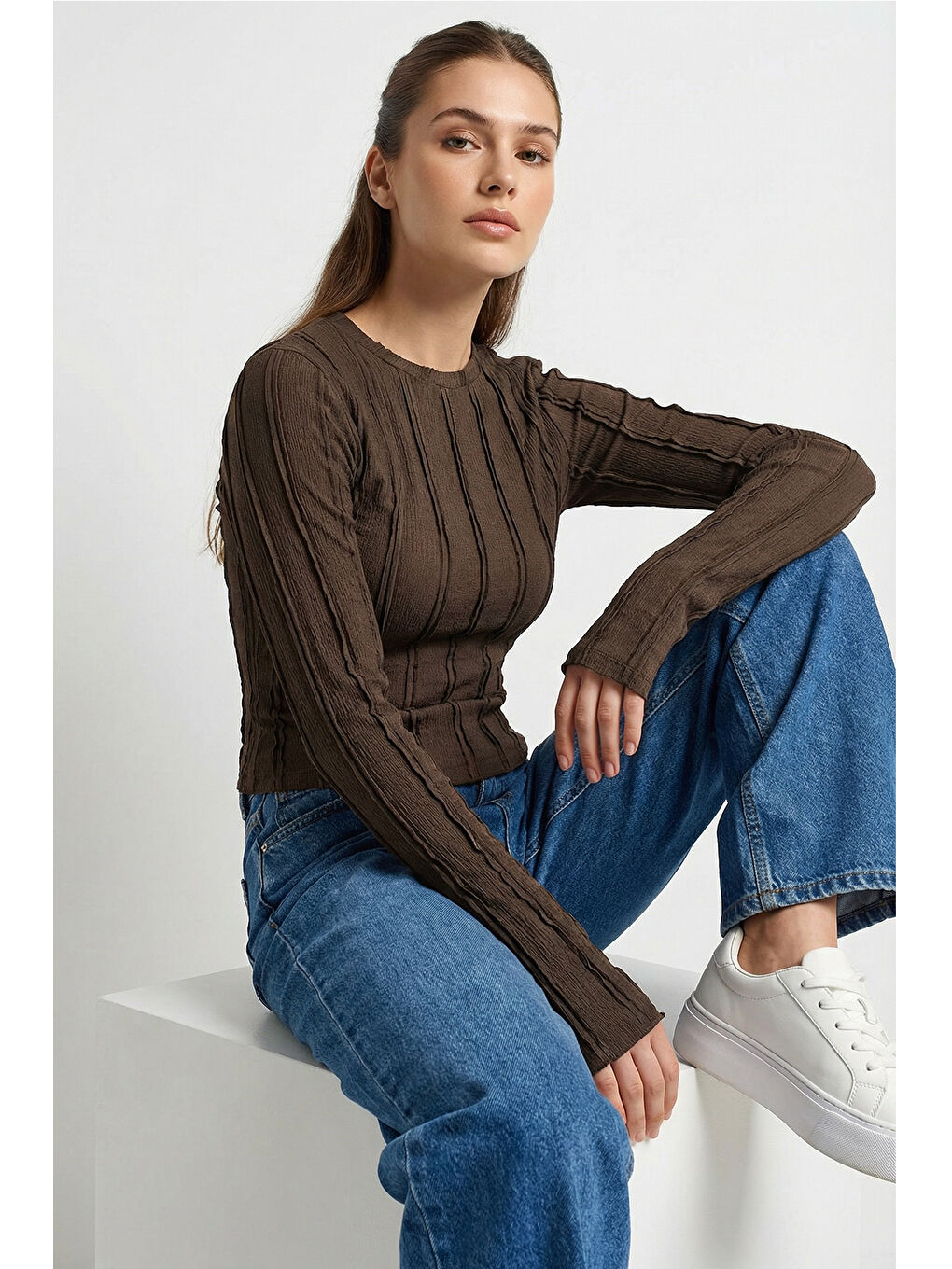 Kadın Dokulu Örme Bluz 980 - Kahverengi-1