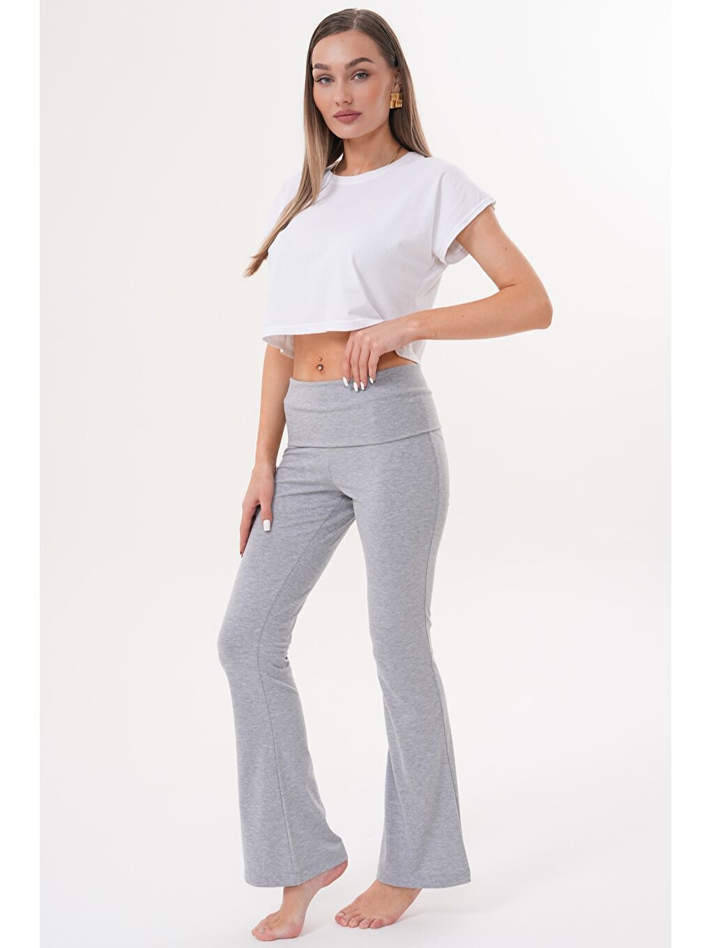 Gri Kadın Pantolon İspanyol Paça Jarse Pamuklu Pantolon YÜKSEK-BEL-PANTOLON