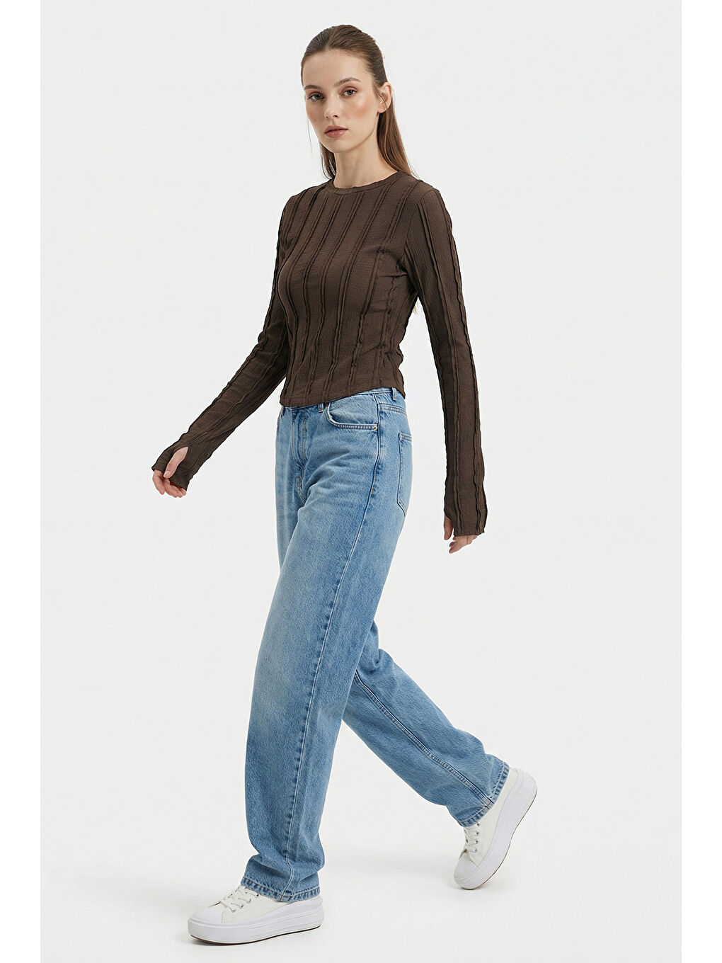 Kadın Dokulu Örme Bluz 980 - Kahverengi-2