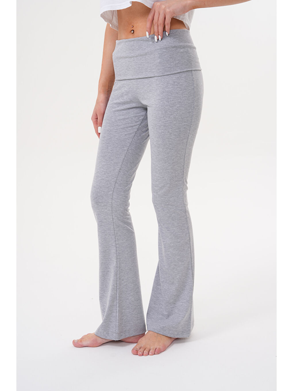 Gri Kadın Pantolon İspanyol Paça Jarse Pamuklu Pantolon YÜKSEK-BEL-PANTOLON-2