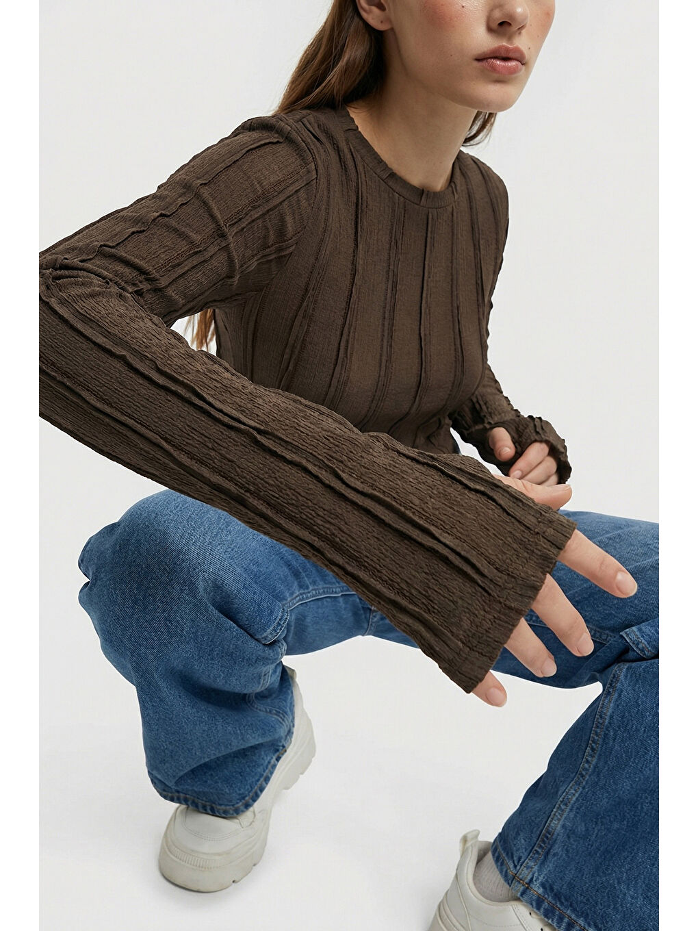 Kadın Dokulu Örme Bluz 980 - Kahverengi-3