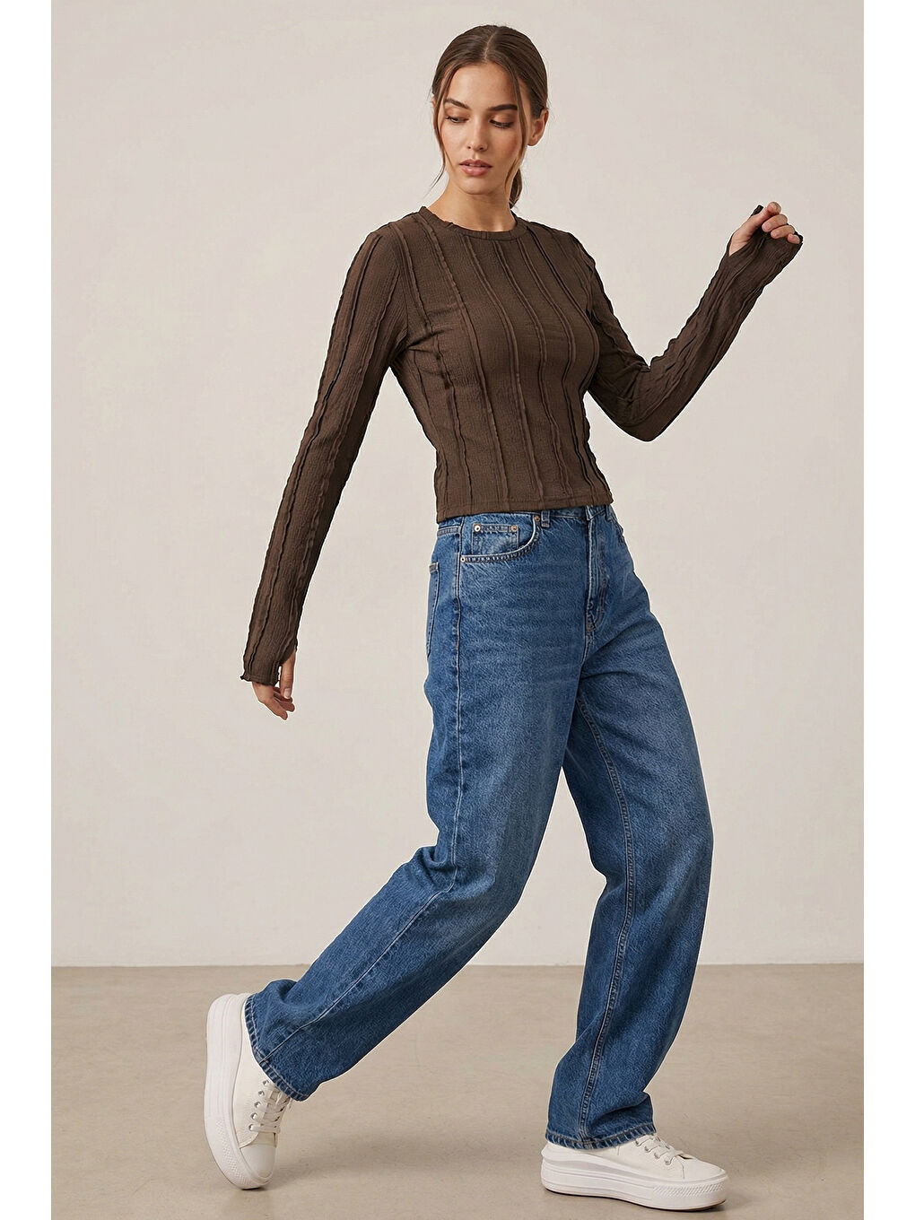 Kadın Dokulu Örme Bluz 980 - Kahverengi-4