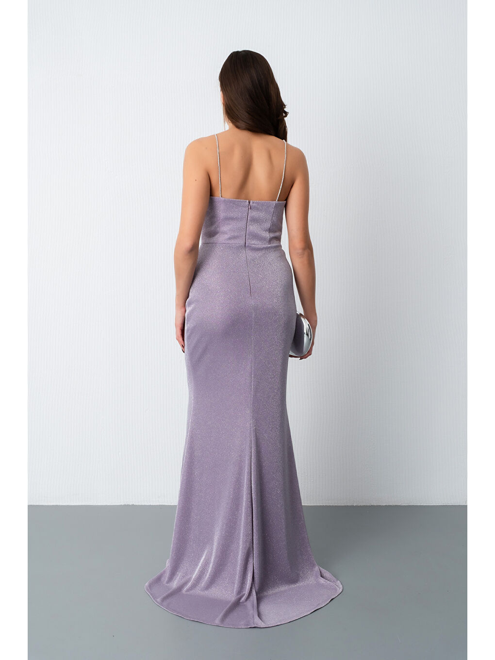 Lila Kadın Lavanta Askılı Simli Örme Abiye Elbise-5