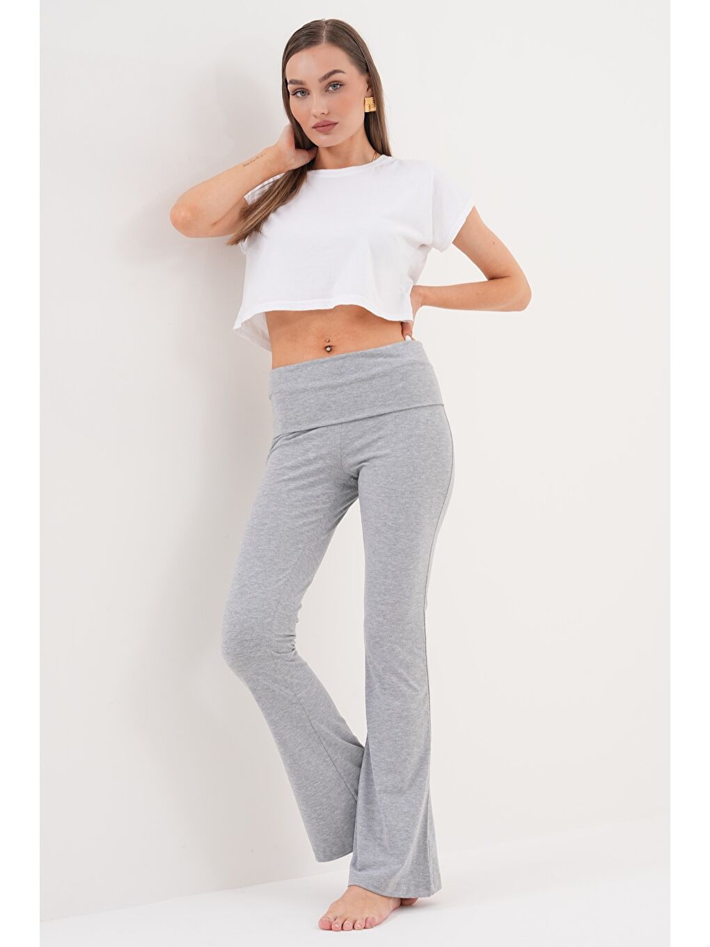 Gri Kadın Pantolon İspanyol Paça Jarse Pamuklu Pantolon YÜKSEK-BEL-PANTOLON-4