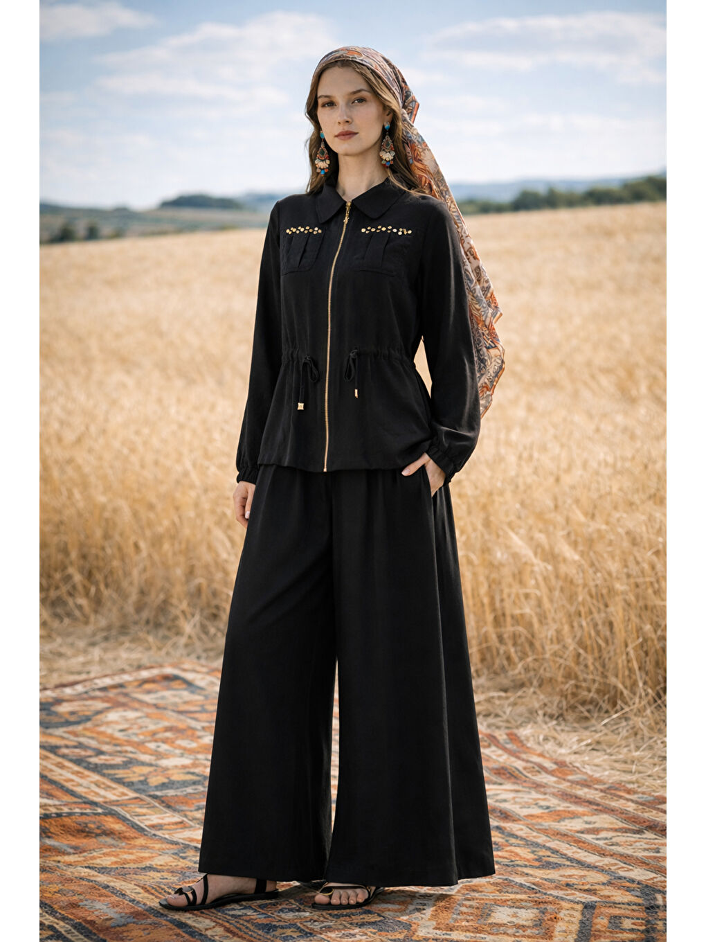 Zımba Detay Ceket Pantolon Etekli Takım 1049 Siyah-1