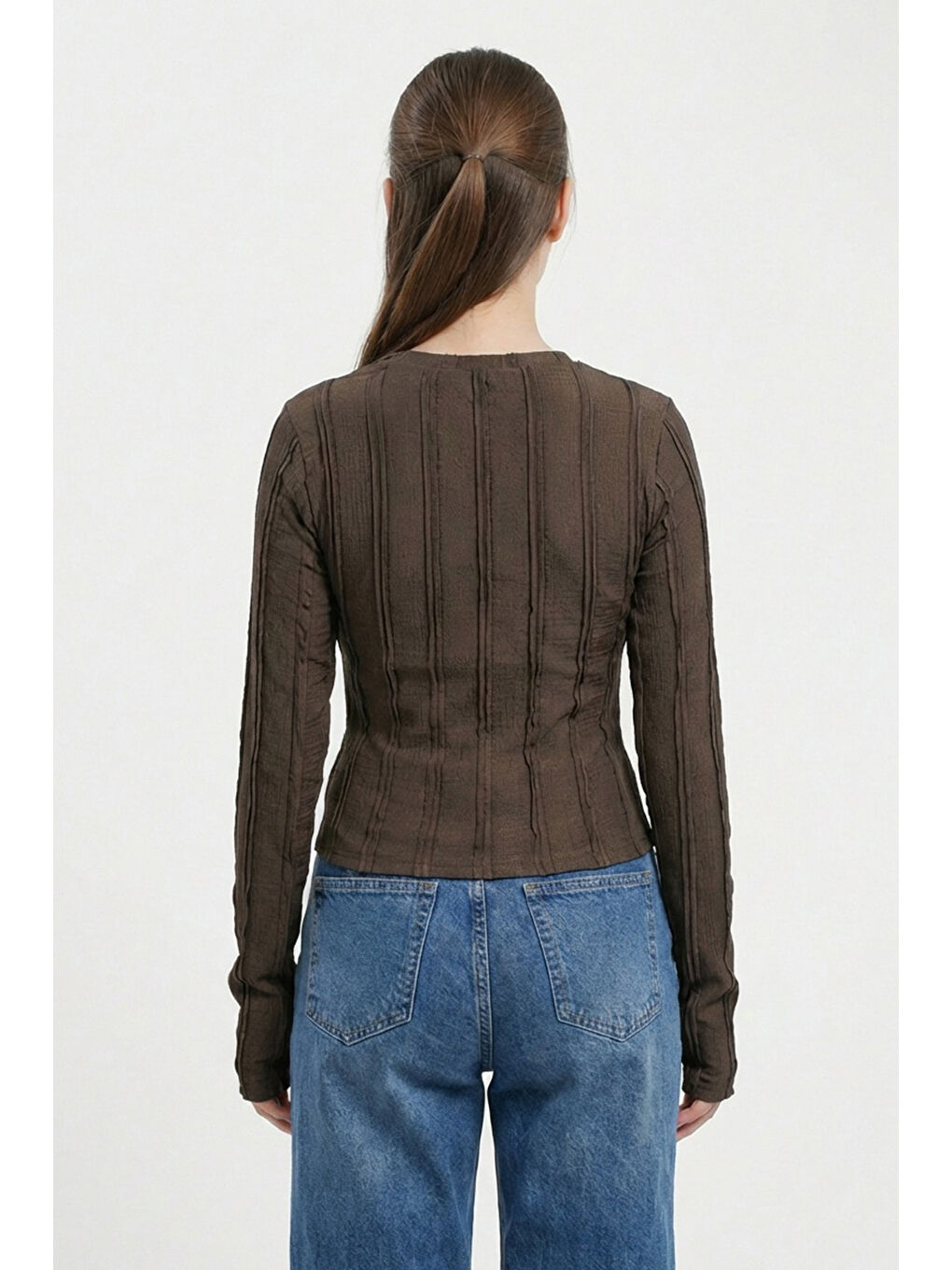 Kadın Dokulu Örme Bluz 980 - Kahverengi-5