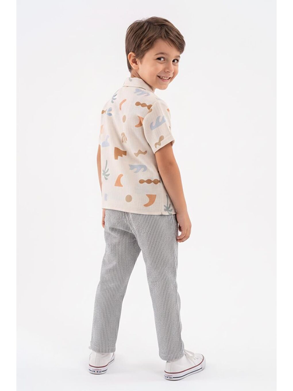 Bej Baskılı Müslin Gömlek Pantolon 2li Takım-1
