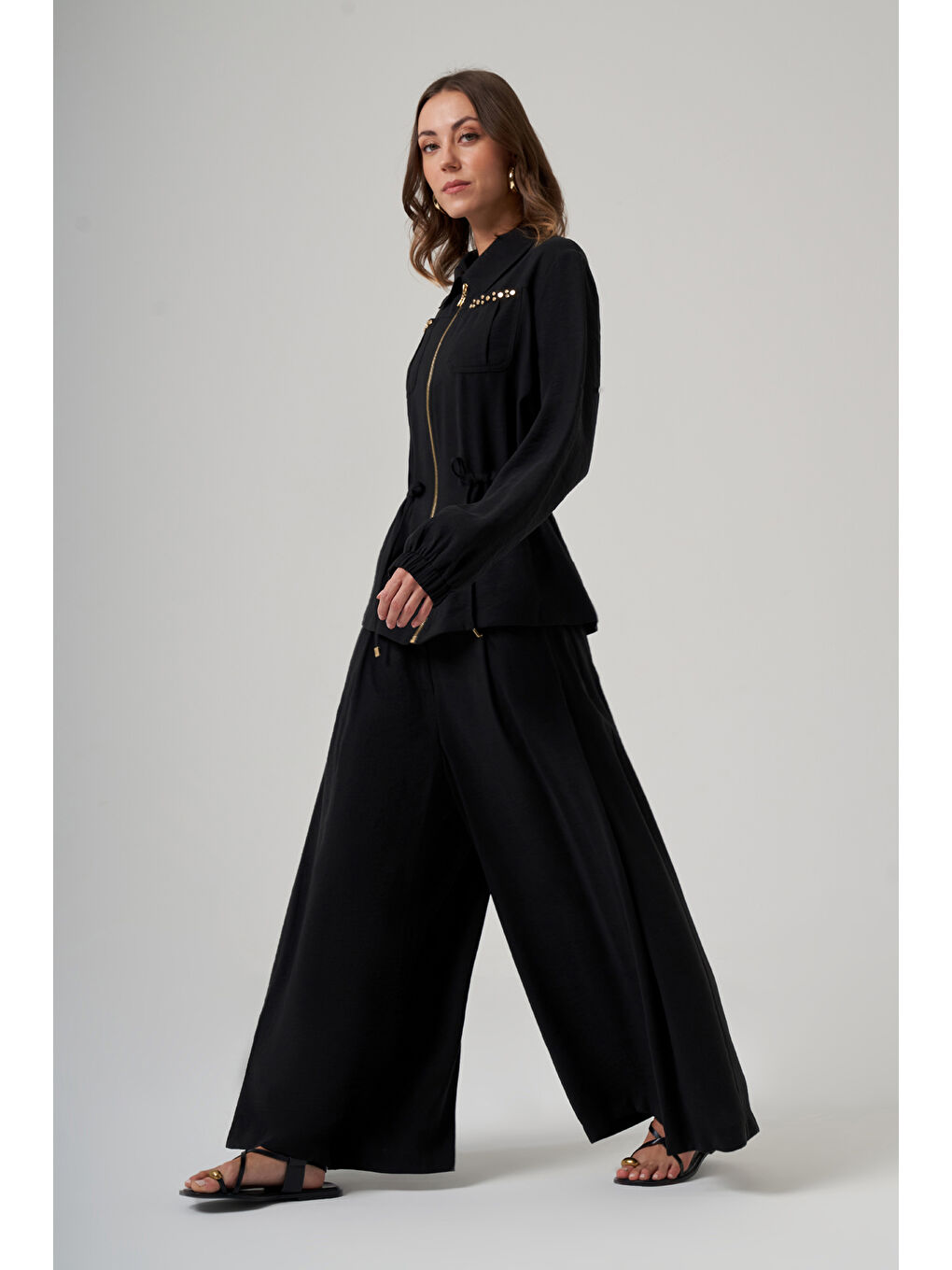 Zımba Detay Ceket Pantolon Etekli Takım 1049 Siyah-2