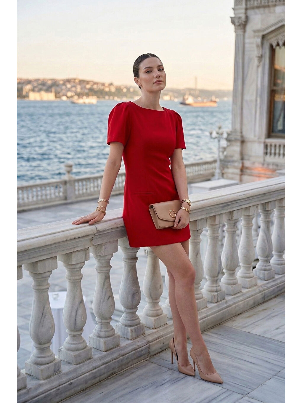 Kırmızı Kayık Yaka Balon Kol Mini Davet Elbise 6525735