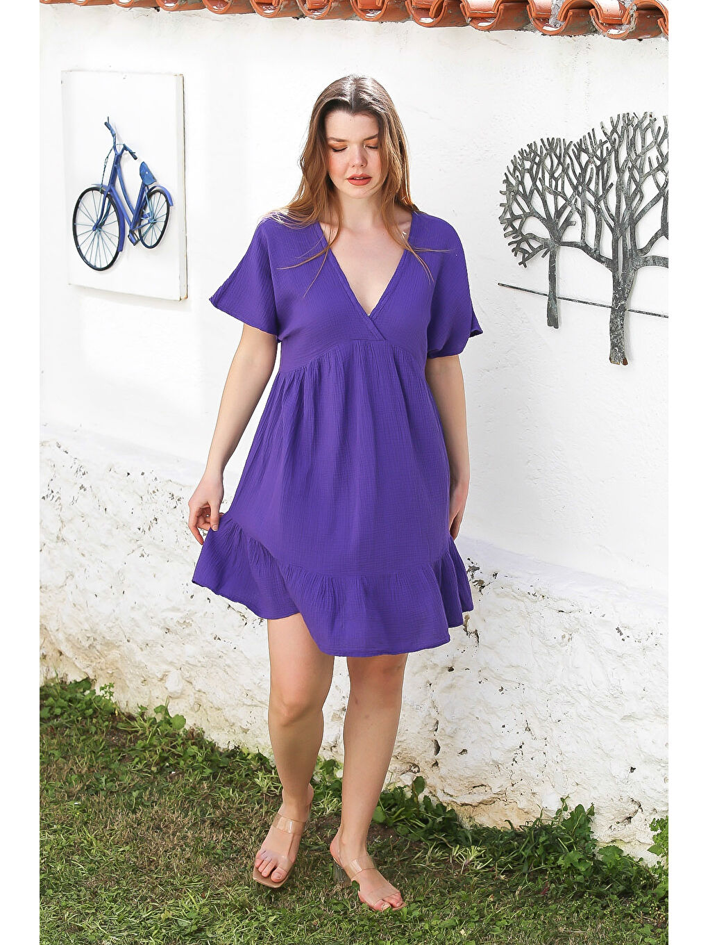 Mor Kruvaze Yaka Kısa Kol Yıkamalı Etek Ucu Fırfırlı Casual Müslin Dokuma Elbise 95 51-6