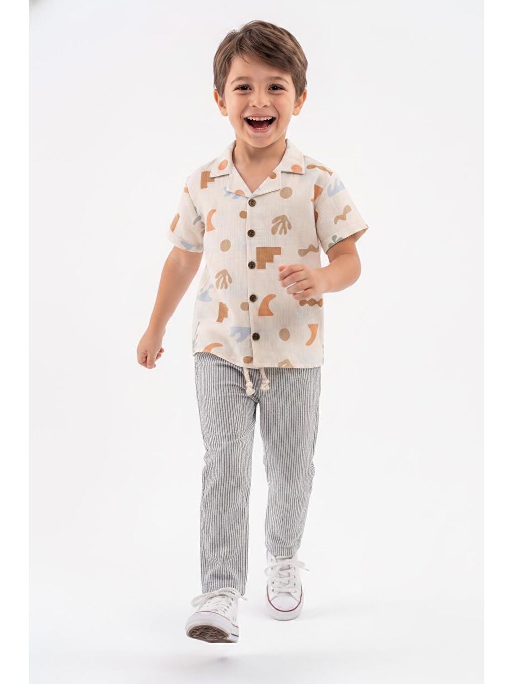 Bej Baskılı Müslin Gömlek Pantolon 2li Takım-2