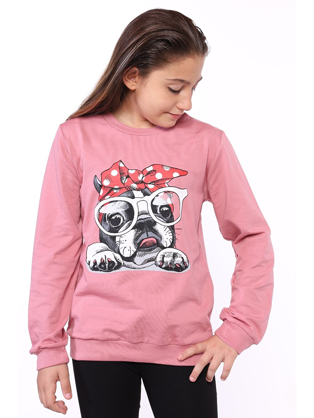 Pembe Kız Çocuk Köpek Figür Baskılı Sweatshirt