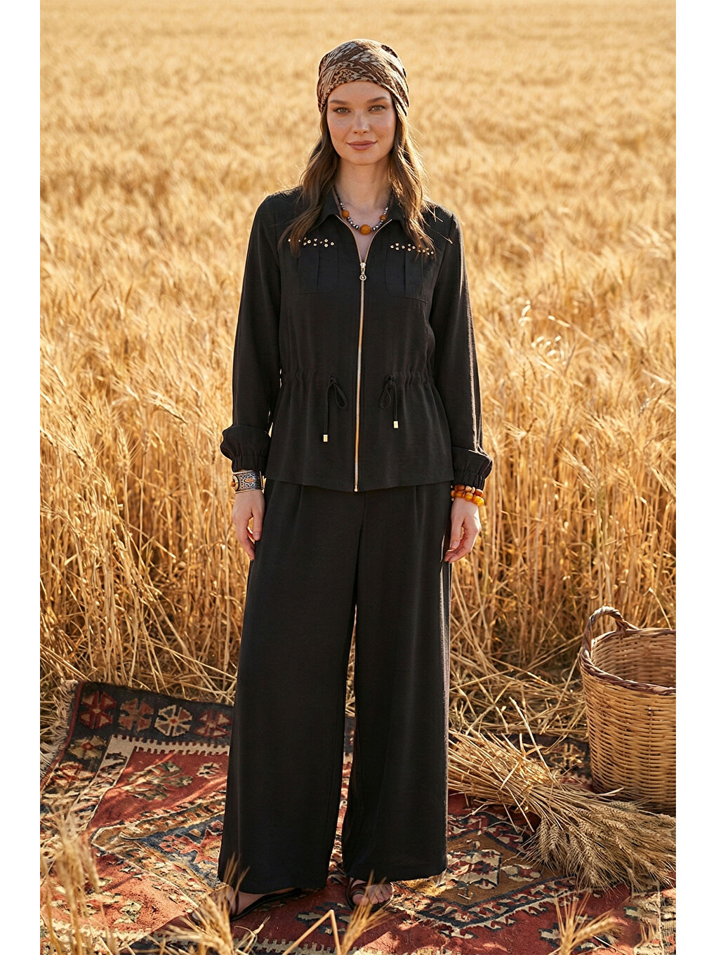 Zımba Detay Ceket Pantolon Etekli Takım 1049 Siyah-3