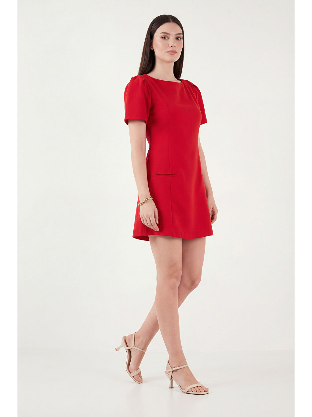 Kırmızı Kayık Yaka Balon Kol Mini Davet Elbise 6525735-1