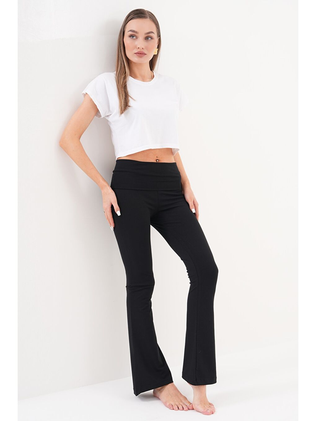 Siyah Kadın Pantolon İspanyol Paça Jarse Pamuklu Pantolon YÜKSEK-BEL-PANTOLON