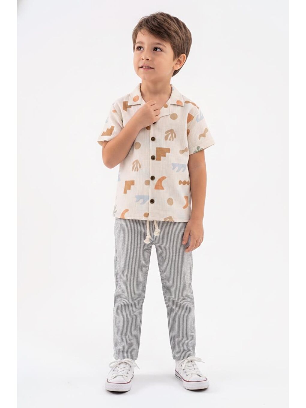 Bej Baskılı Müslin Gömlek Pantolon 2li Takım-3