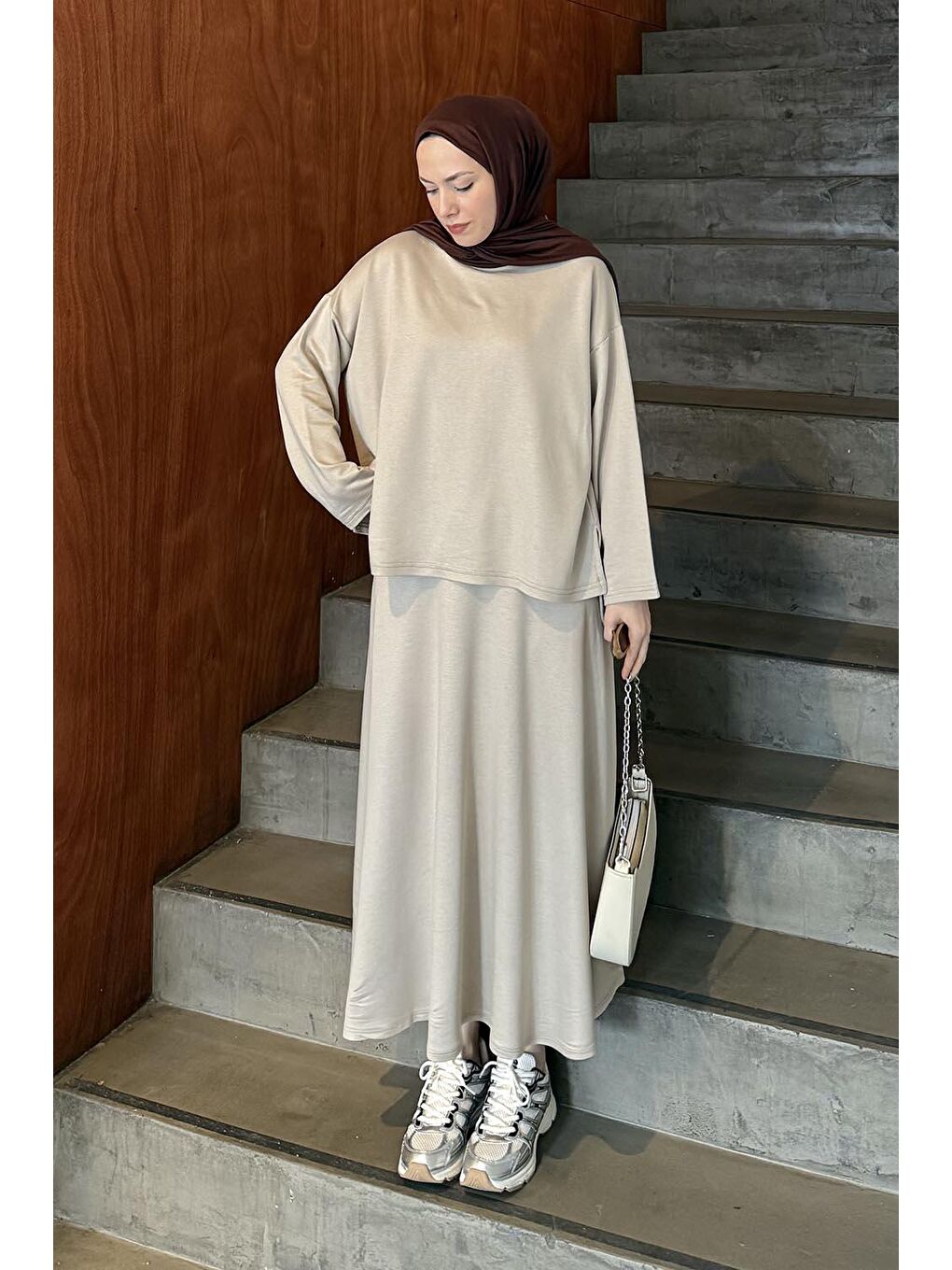 Kristal Kloş Etekli Tesettür Bej
