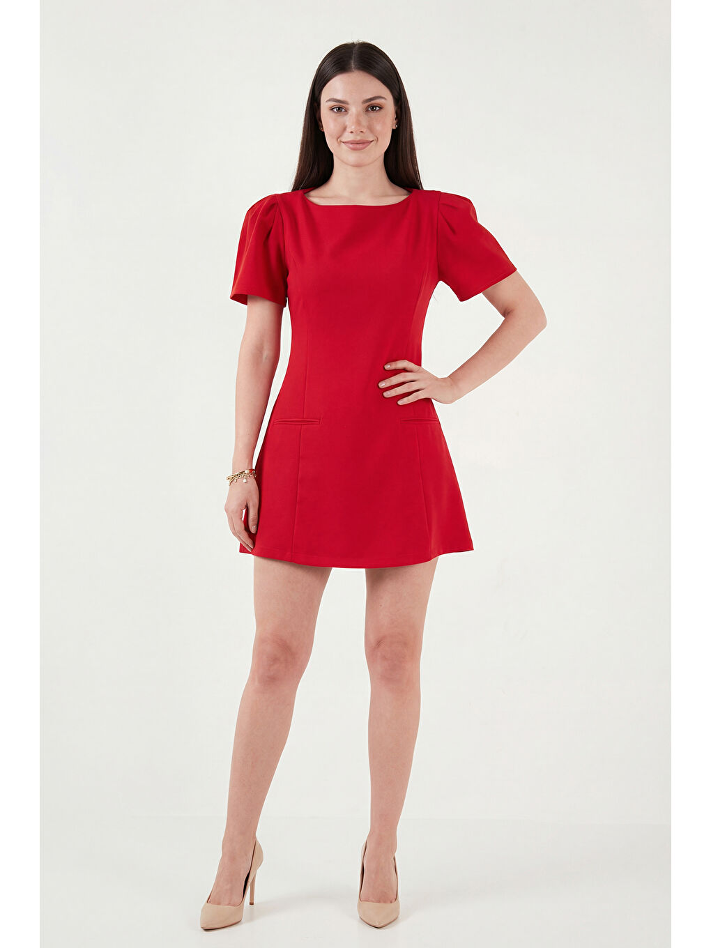 Kırmızı Kayık Yaka Balon Kol Mini Davet Elbise 6525735-2
