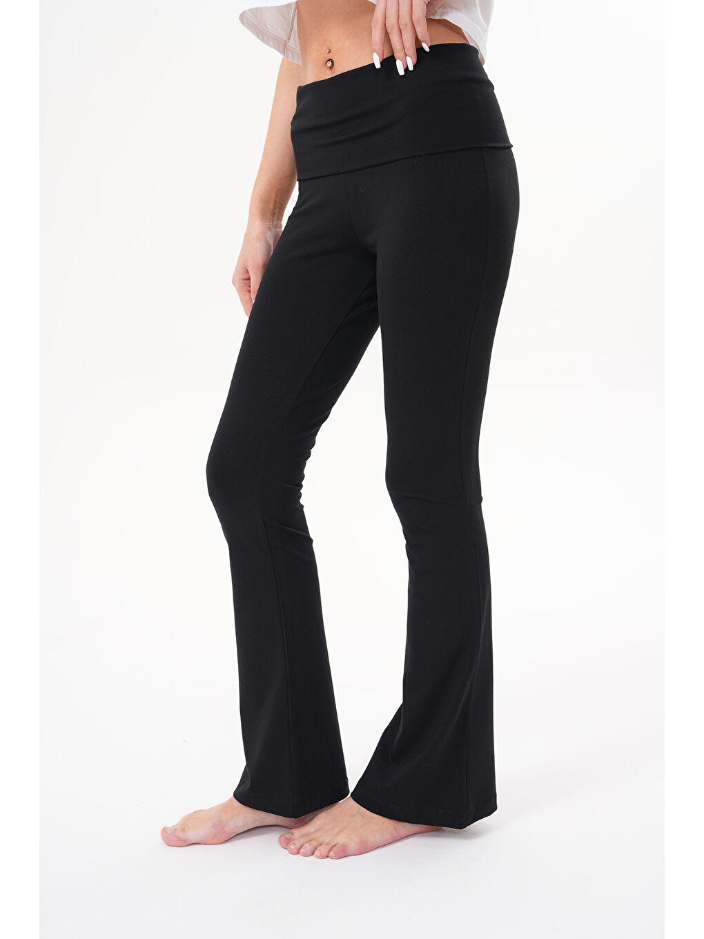 Siyah Kadın Pantolon İspanyol Paça Jarse Pamuklu Pantolon YÜKSEK-BEL-PANTOLON-1