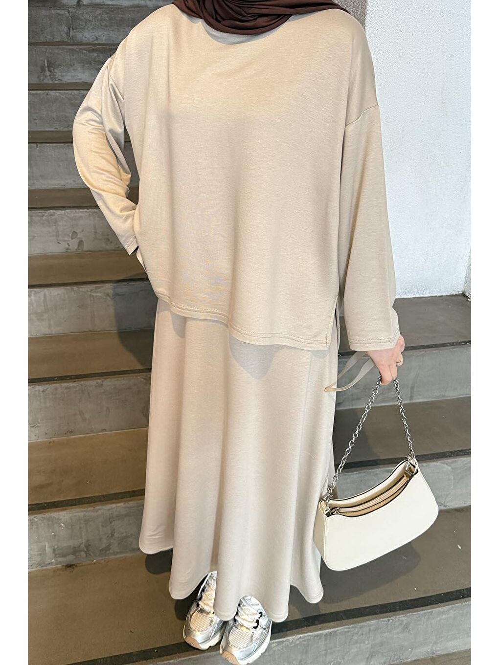 Kristal Kloş Etekli Tesettür Bej-3