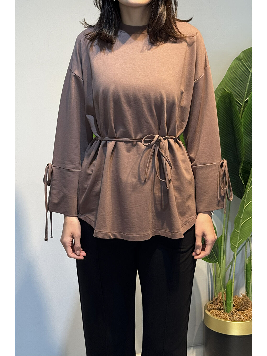 Bej Manşeti ve Beli Bağcık Detay Sweat Tunik 3066 Vizon-1