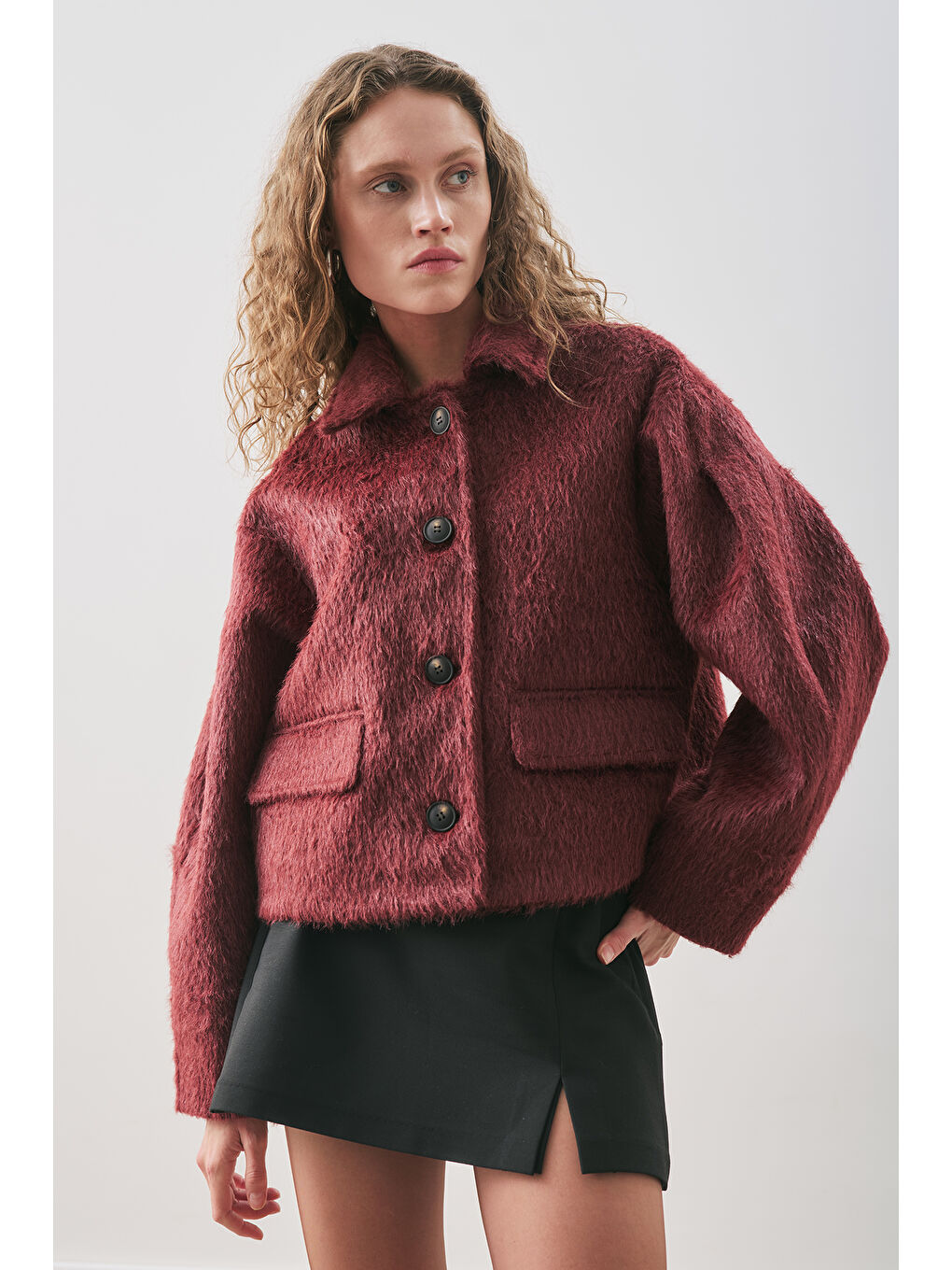 Boucle Kısa Kaban Bordo