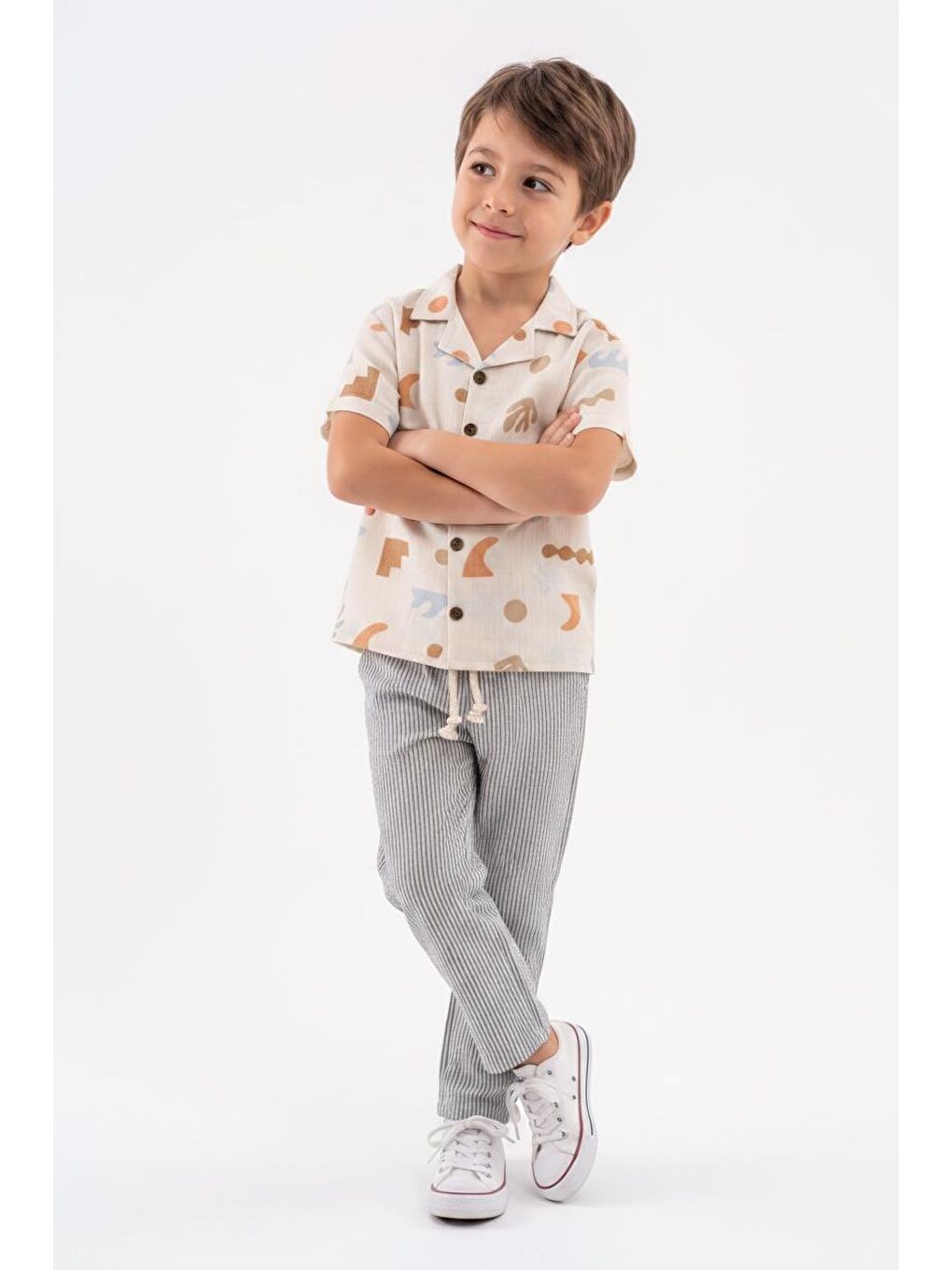 Bej Baskılı Müslin Gömlek Pantolon 2li Takım-4