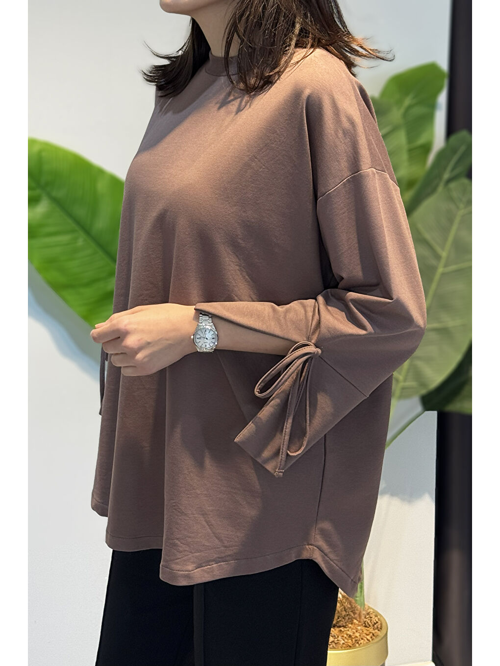 Bej Manşeti ve Beli Bağcık Detay Sweat Tunik 3066 Vizon-2