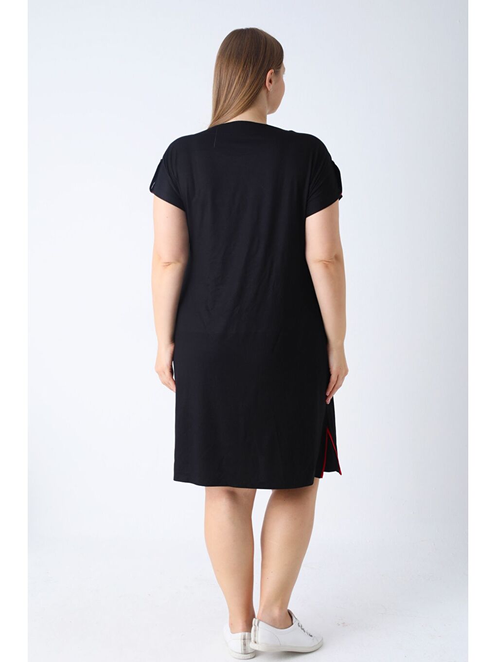 Kadın Siyah Kısa Kollu Cepli Biye Ve Nakış Detaylı Elastanlı Büyük Beden Elbise-3