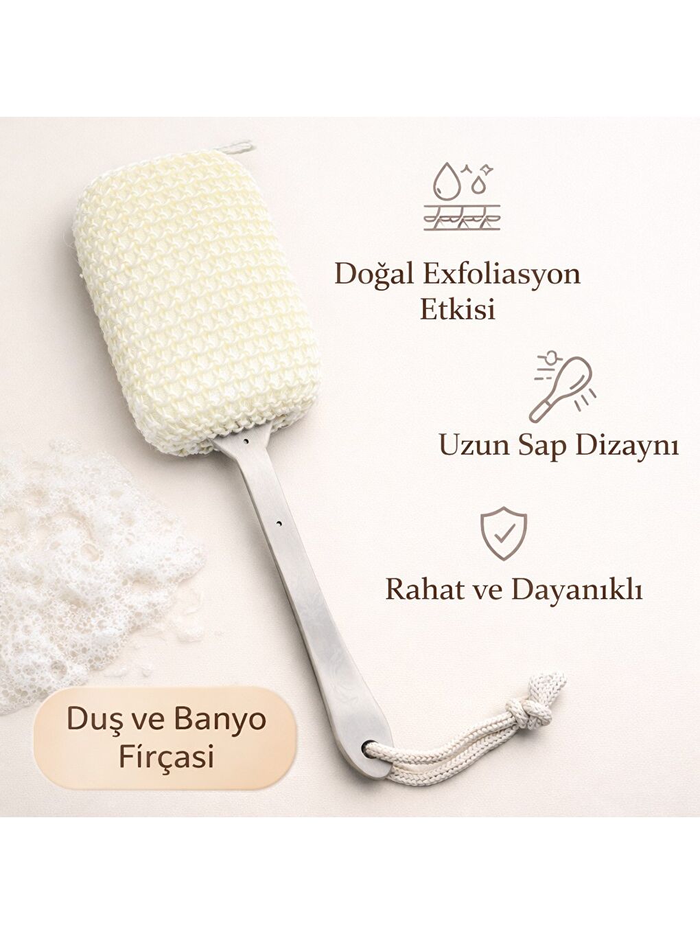 Doğal Banyo Fırçası Uzun Saplı | Sırt Temizleme & Peeling Etkili Duş Lifi | Dayanıklı ve Ergonomik T-1