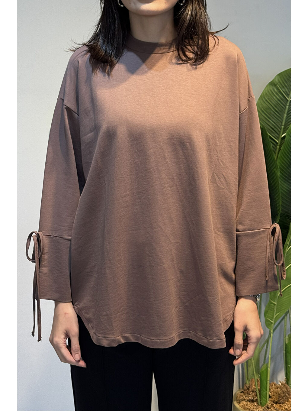 Bej Manşeti ve Beli Bağcık Detay Sweat Tunik 3066 Vizon-3