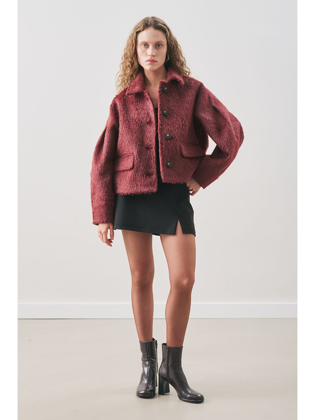 Boucle Kısa Kaban Bordo-1