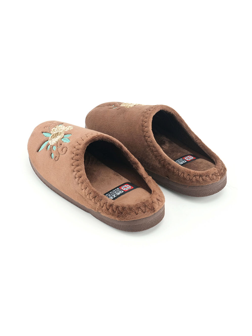 Kahverengi Kadın Kışlık PU Rahat Taban Nakışlı Tasarım Ev Bahçe Terlik-3