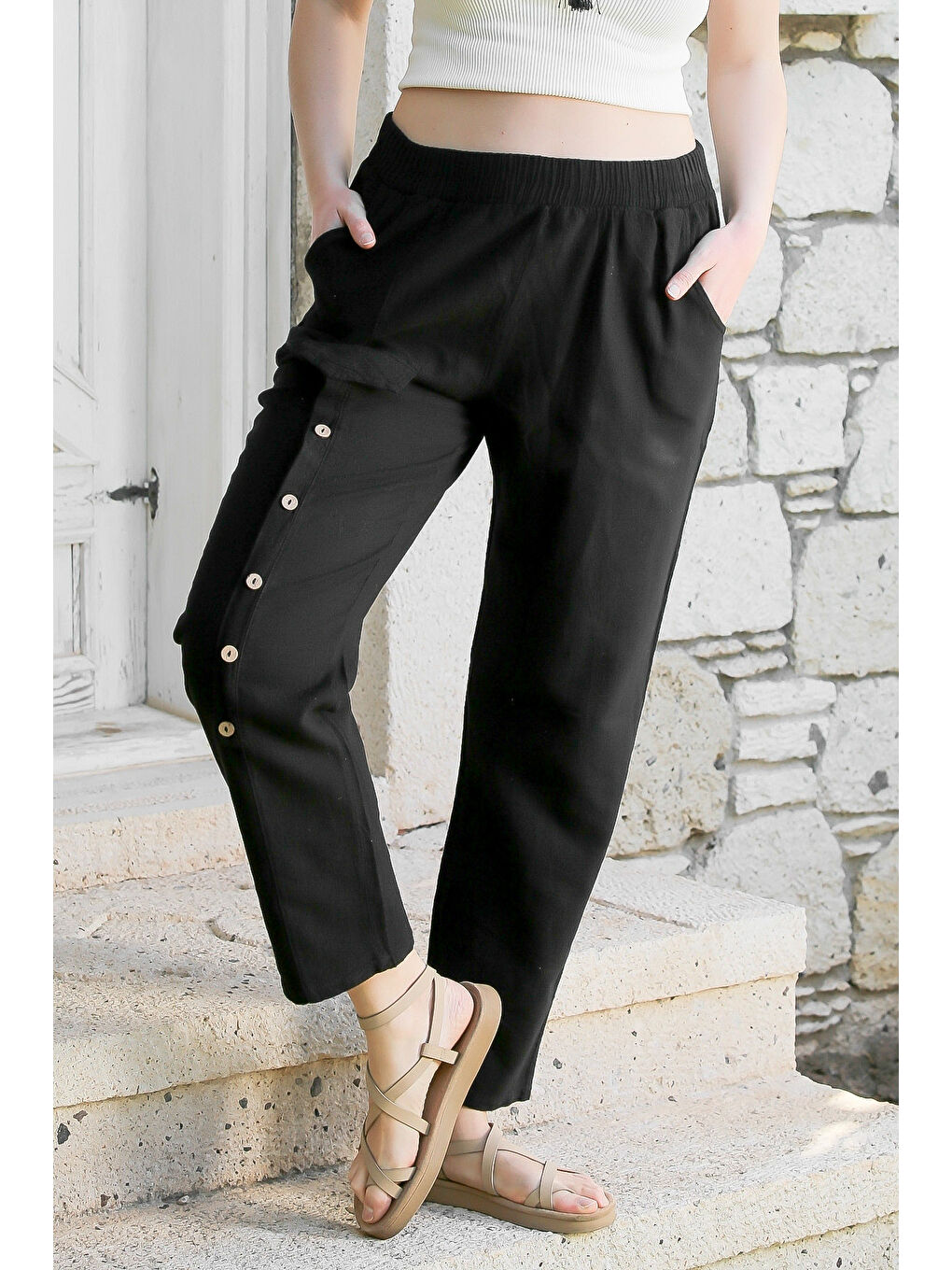 Chiccy Siyah Cepli Yıkamalı Lastikli Bel Jogger Paça Casual Keten Karışımlı Dokuma Pantolon 104 62