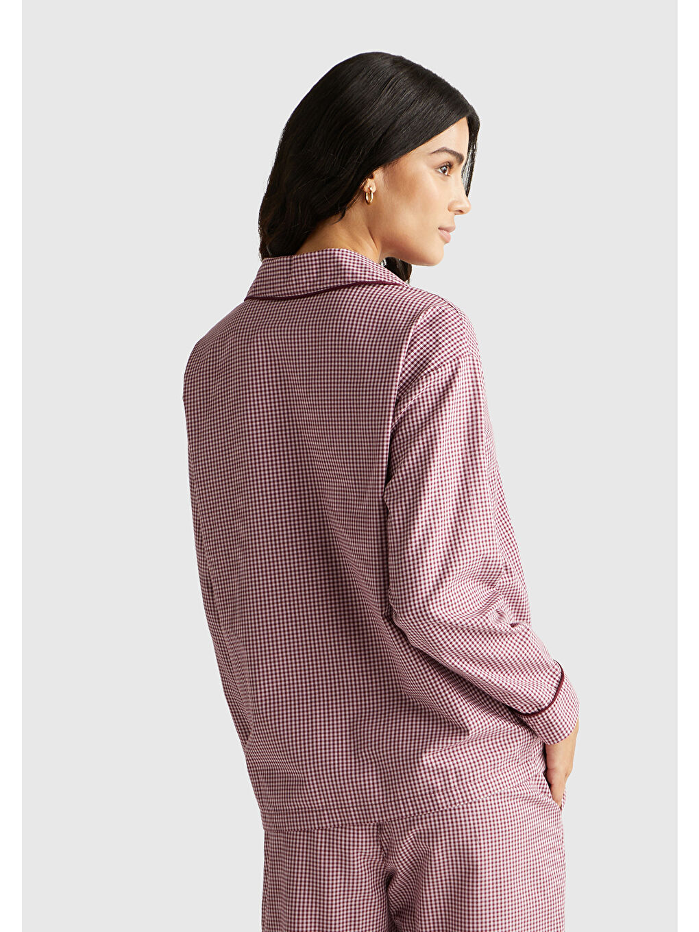 Kadın Mor %100 Pamuk Kare Desenli Logolu Gömlek Yaka Pijama Üstü-2