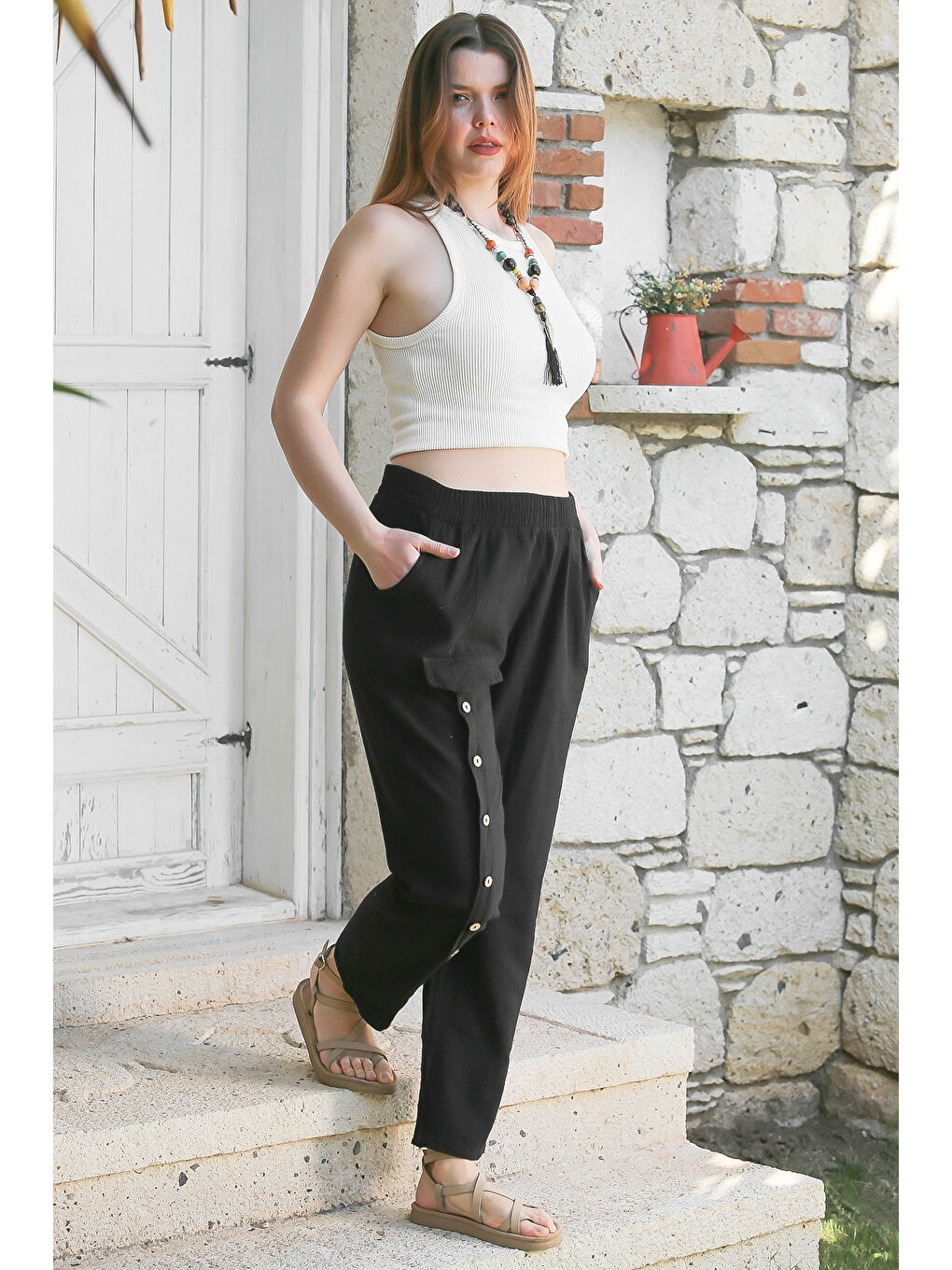 Chiccy Siyah Cepli Yıkamalı Lastikli Bel Jogger Paça Casual Keten Karışımlı Dokuma Pantolon 104 62 - 1